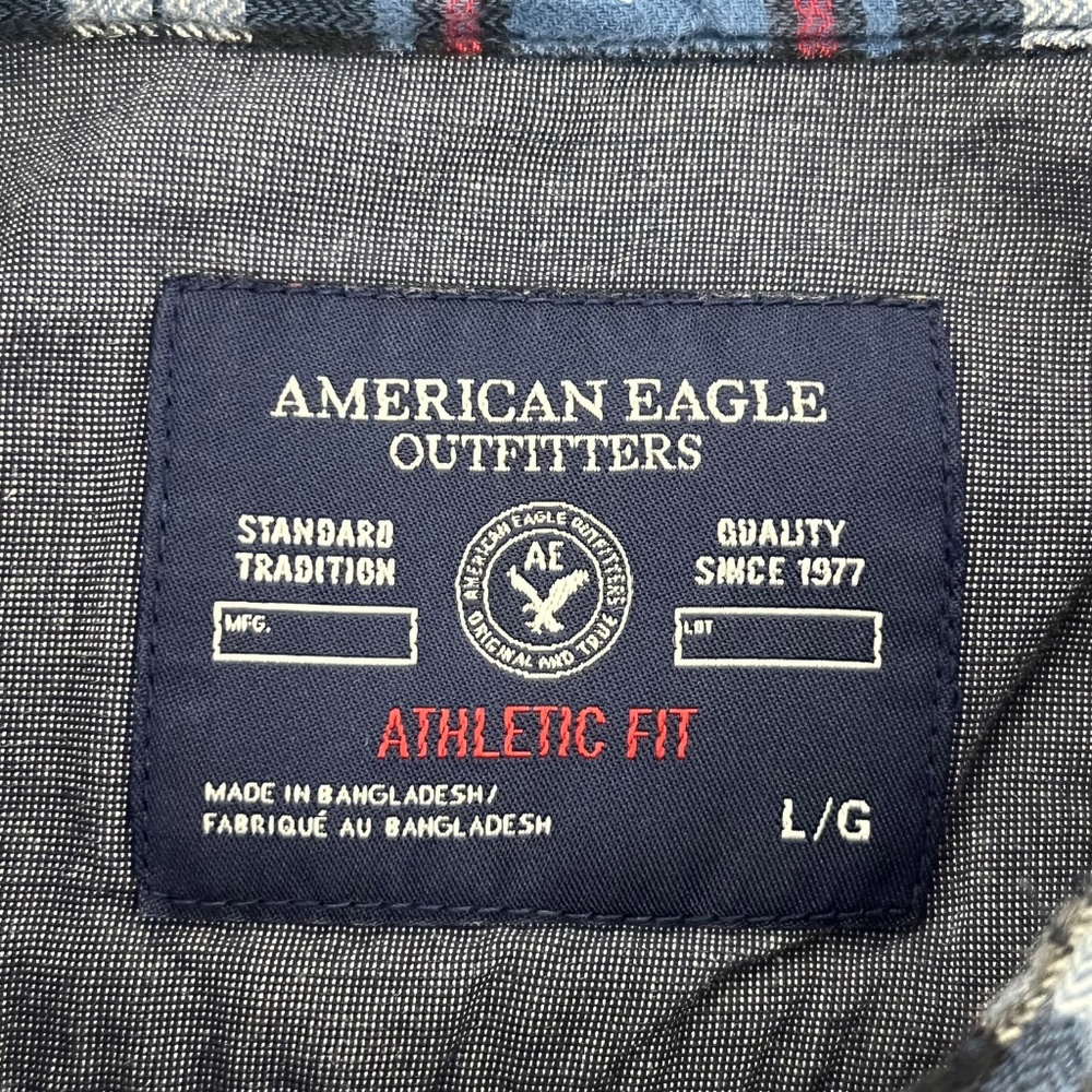 American‎ Eagle Outfitters Mens Size L Button Up Shirt Blue Plaid Athletic Fit - Picture 5 of 10